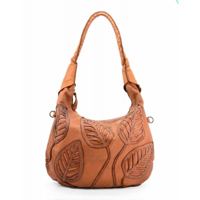 07■  Mittelgroß Leder Umhängetasche Damen mit Blättern. Schwarz & Beige